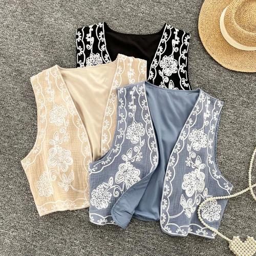 Chaleco corto bordado para mujer, chalecos de punto abierto sin mangas a la moda, abrigos, prendas de vestir exteriores Vintage a la moda para mujer