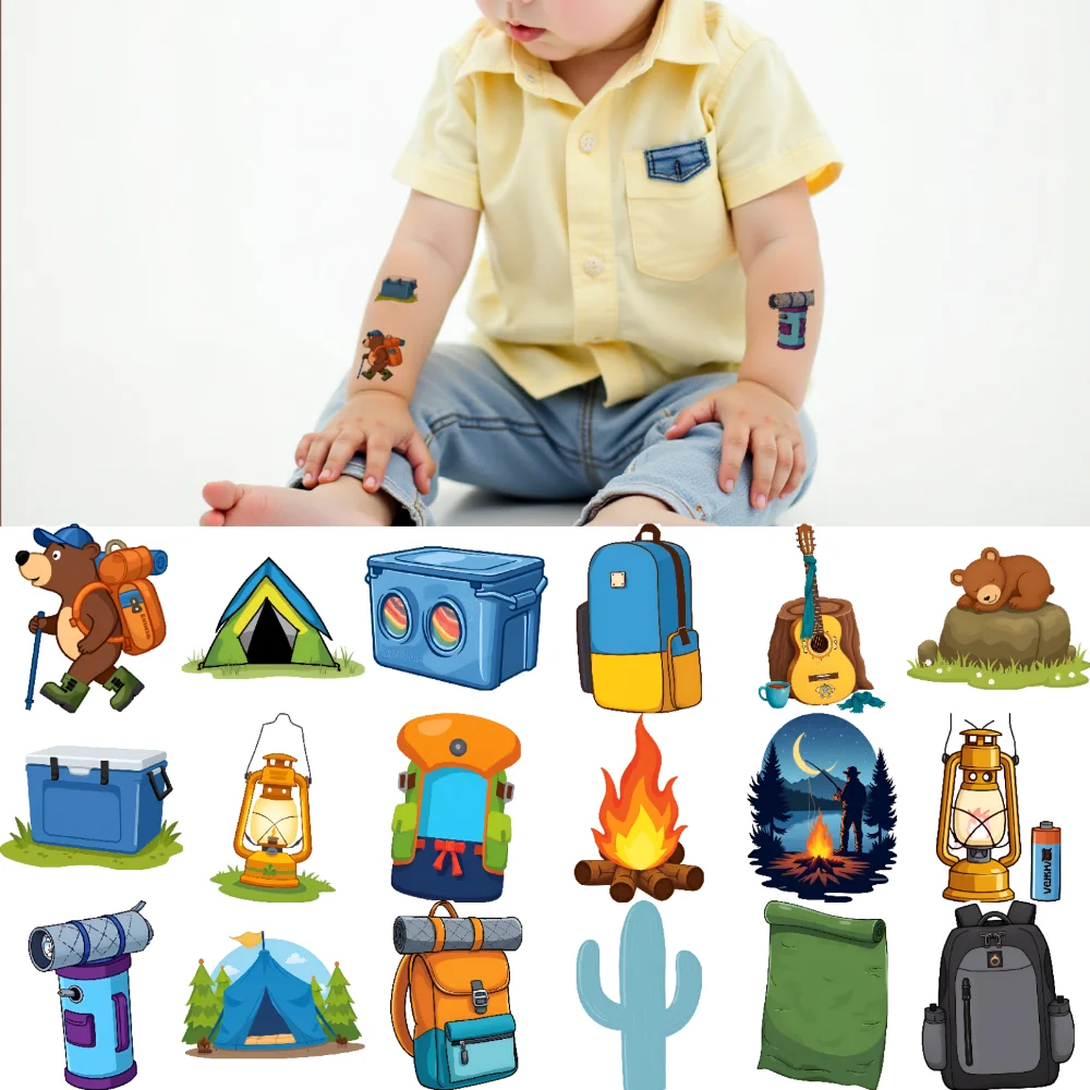 

54pcs Temporary Tattoo Camping Icons Cartoon Camp Nature Symbols Waterproof Long-lasting Body Stickers For Arms Shoulders