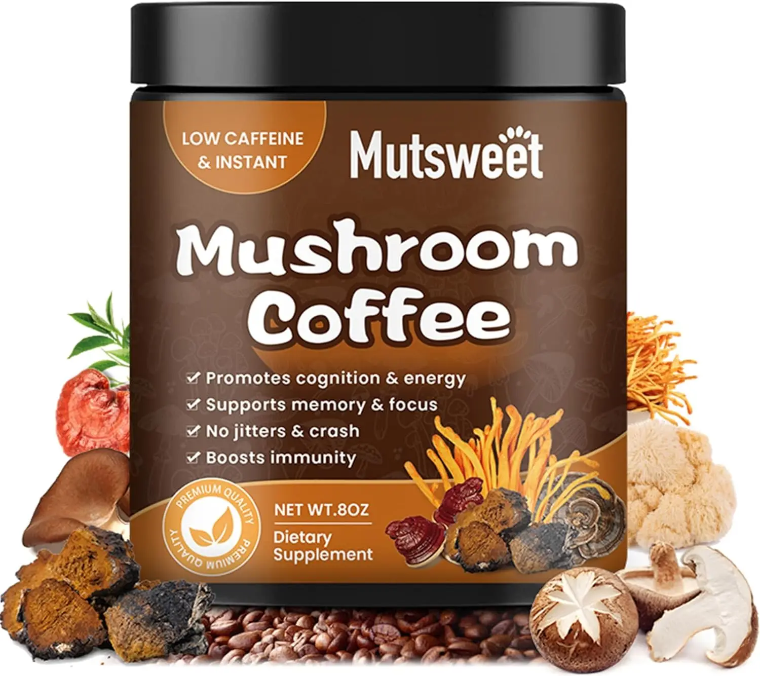 MUTSWEET Lion\'s Mane Mushroom Coffee Supplement with Reishi,Cordyceps&Turkey Tail-Energy,Mental Clarity&Focus,Brain Booster