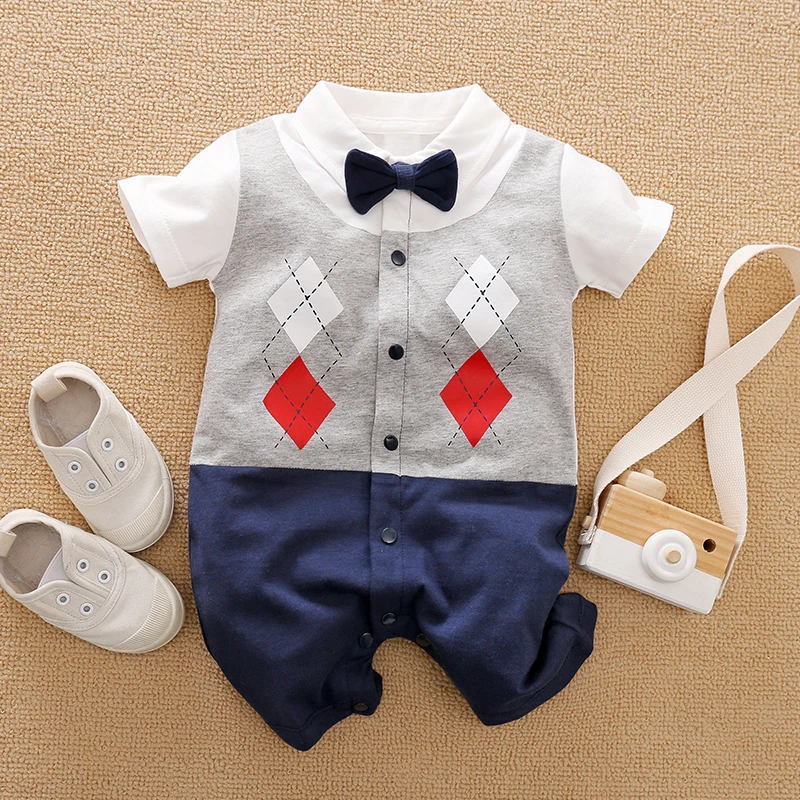 Gentleman Tie Baby Boys Outdoor Onesie Outfit Cotton 0-18 months Handsome Jumpsuit New Toddler Short Sleeve Suits Newborn Summer