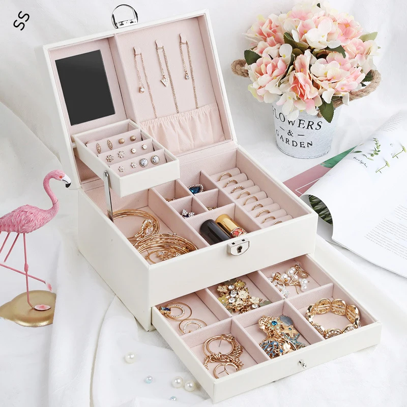 

Women Dressing Table Jewelry Boxes Brooches Earrings Necklace Watches StorageMulti-layers Drawer PU Carrying Case Large Capacity