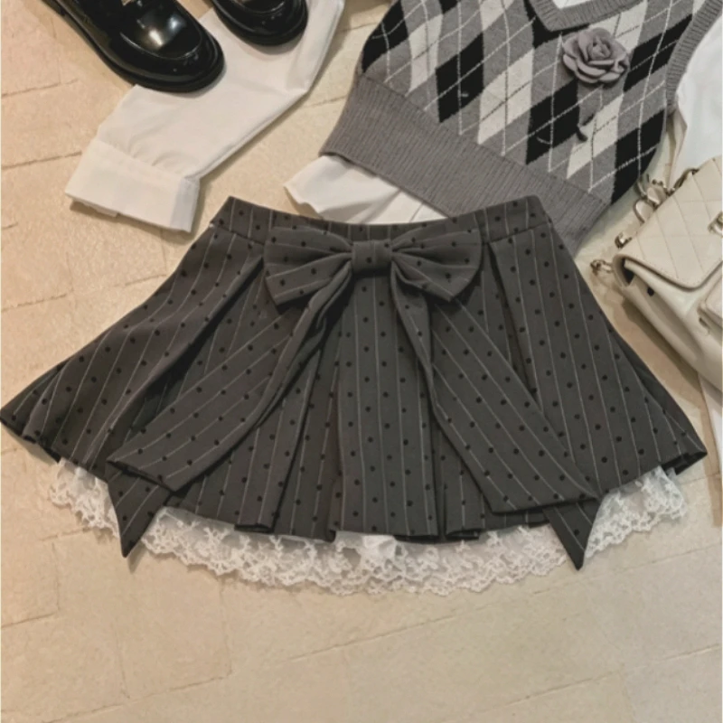Women 2026 New Y2k Pleated Mini Skirt Summer Lace Spliced Bow Lolita Aesthetic Striped Dot Print Cute Trendy Fashion Short Skirt