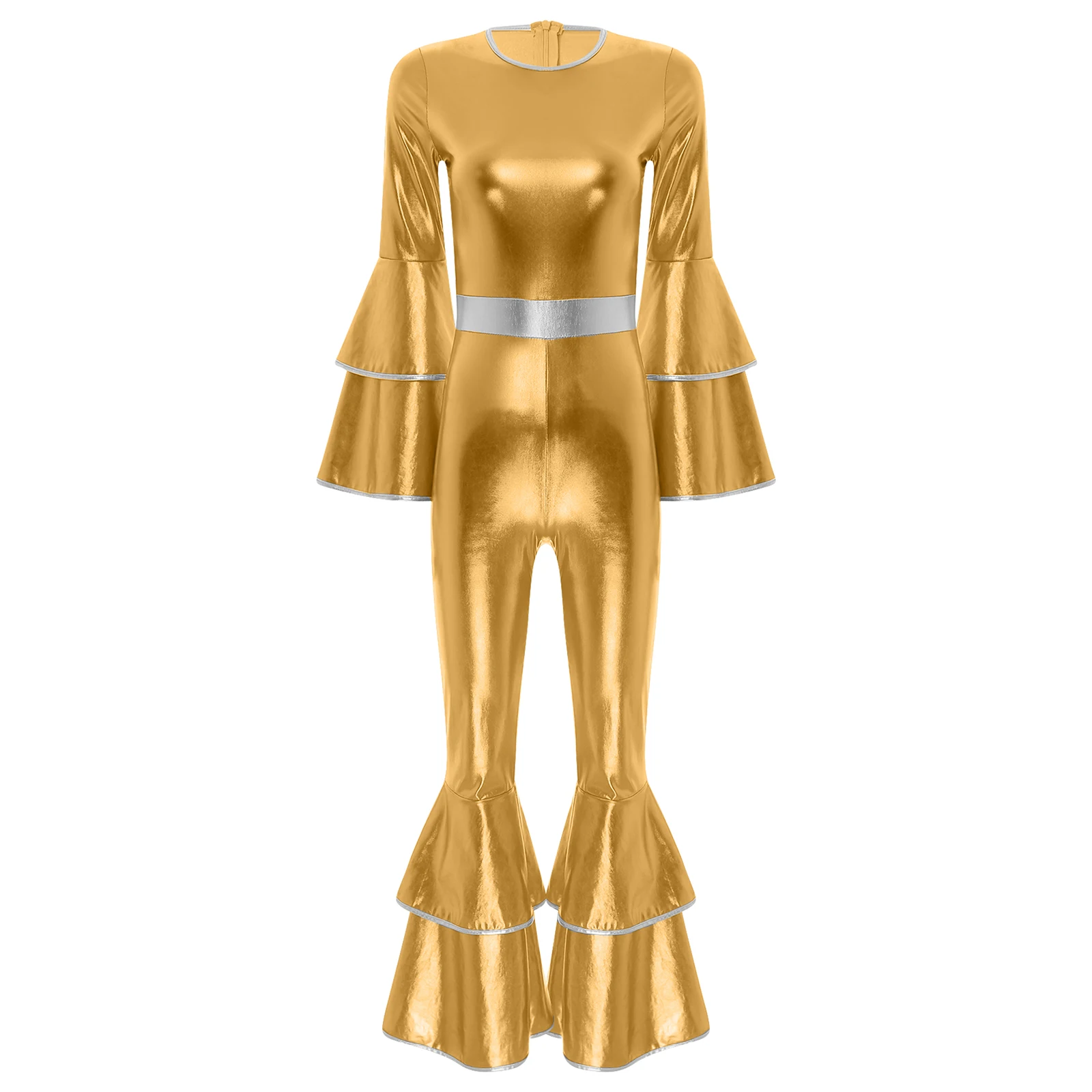 Womens Vintage 70S Disco Costumes Metallic Shiny Cosplay Jumpsuit Tiered Flare Sleeve Bell Bottom Hippie Romper Stage Dancewear