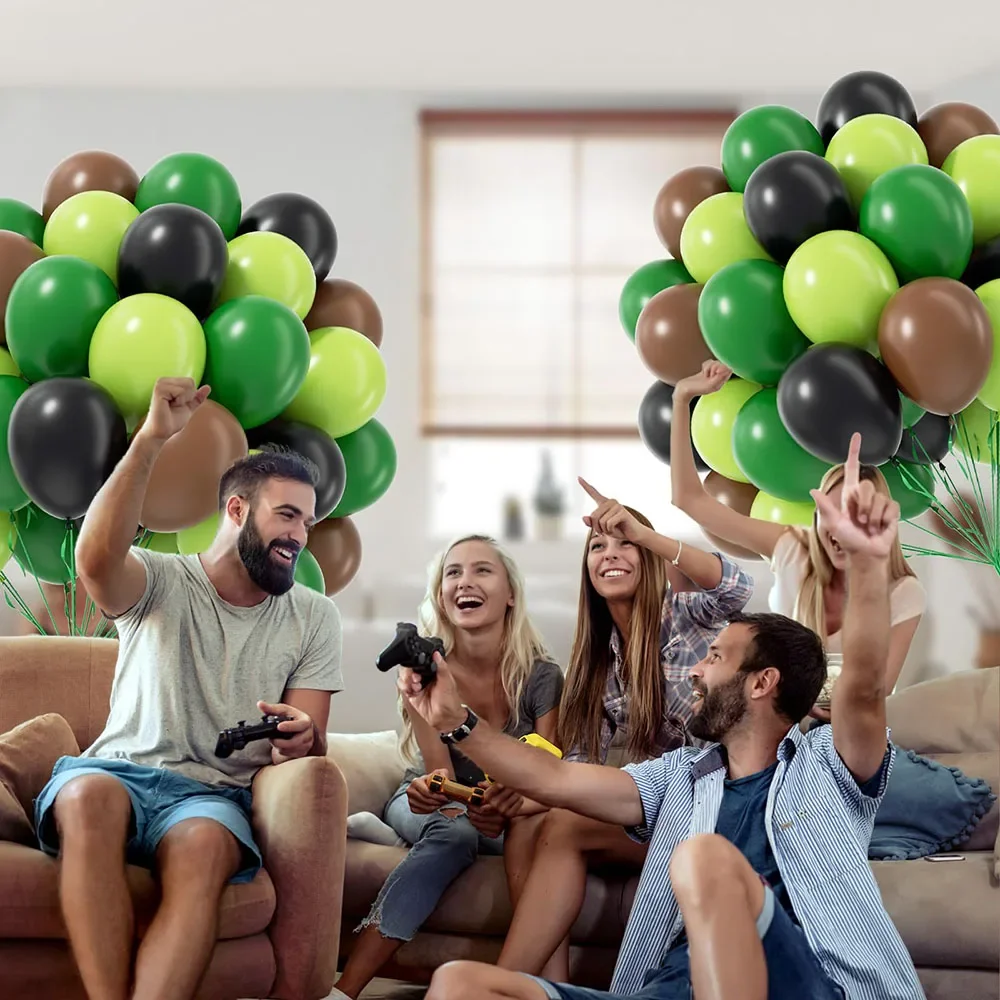 60 Stück 10-Zoll grüne und braune Luftballons mit braunen, schwarzen und dunkelgrünen Luftballons für Dschungel-Videospiel-Themen-Geburtstagsfeier-Dekoration – Detail 6