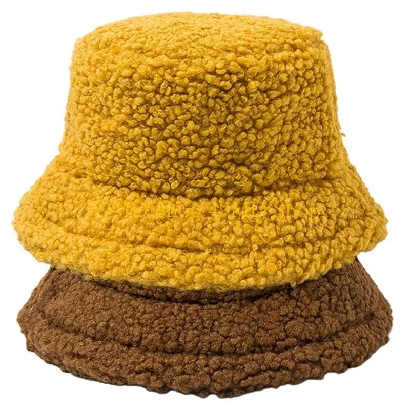 49MD Women Student Thicken Fuzzy Plush Bucket Hat Solid Color Casual Winter Warmer Round Flat Top Wide Brim Sunscreen Panama Cap