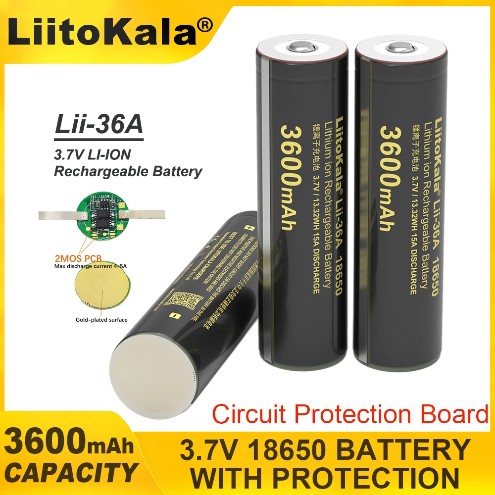 New LiitoKala LII-36A 3600mAh 18650 3.7V Lithium Rechargeable Battery with PCB Protection Board for Flashlight Batteries