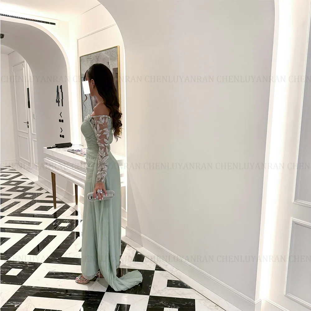 MOLISA Customized Strapless Long Sleeve Column Party Dresses Chiffon Elegant Prom Dresses Lace Applique Ankle-Length فساتي