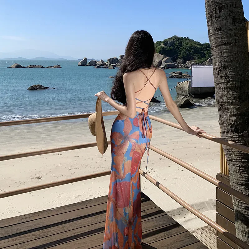 Boho Summer Women Fashion Floral Backless Dress Sleeveless Bodycon Slim Party Prom Long Vestidos Female Clothes New Robe