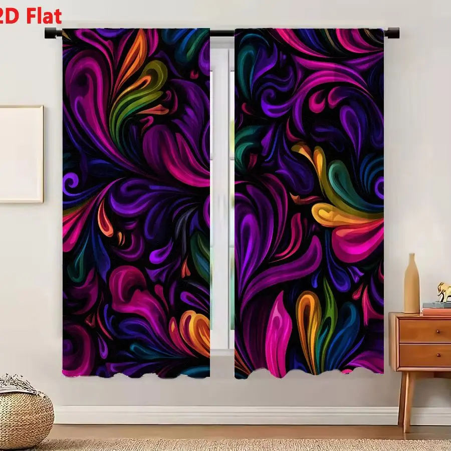 2Pcs Curtains 2D Flat Vibrant Abstract Pattern With Swirling Fluid Shapes In Deep Purples Bright Pinks Greens Blues Oranges Agai