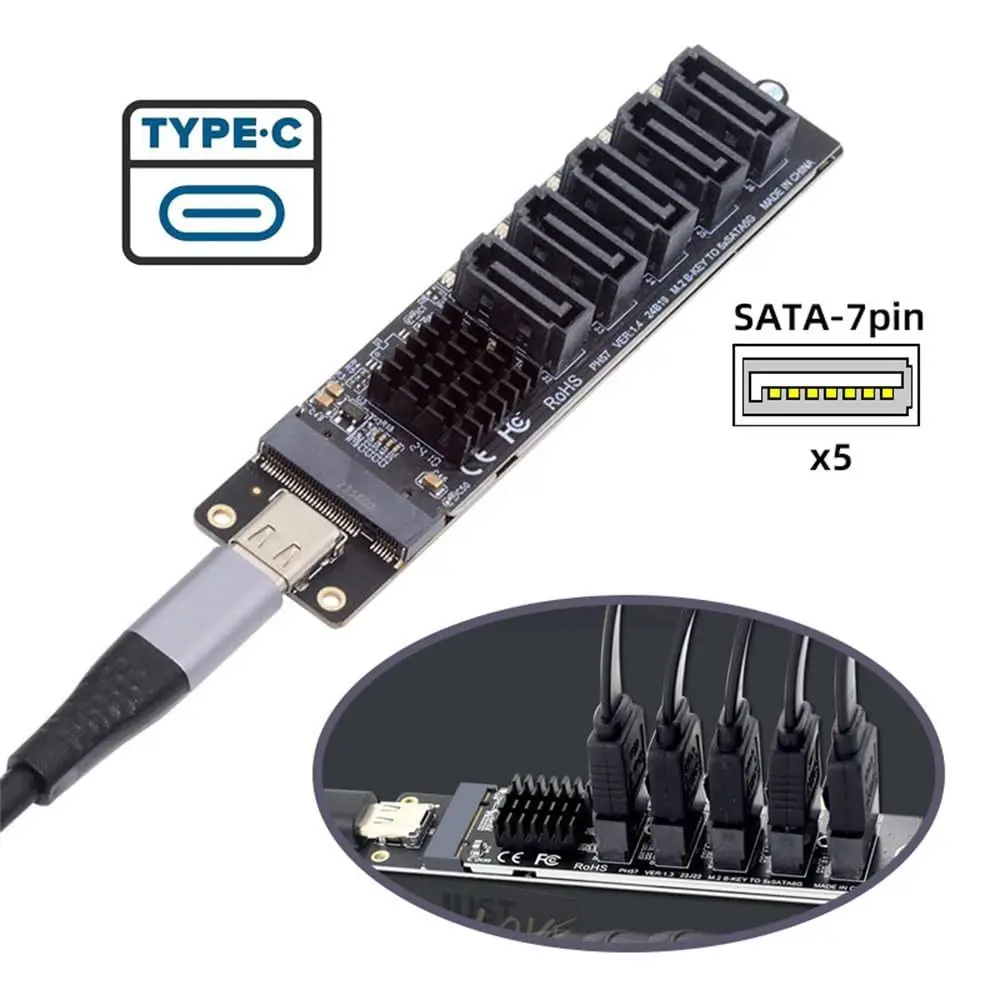 

Plug and Play 6Gbps PCI-E Riser Multi-Port 5-Channel Type C To SATA Adapter JMB575 SATA Expansion Card NAS Expansion
