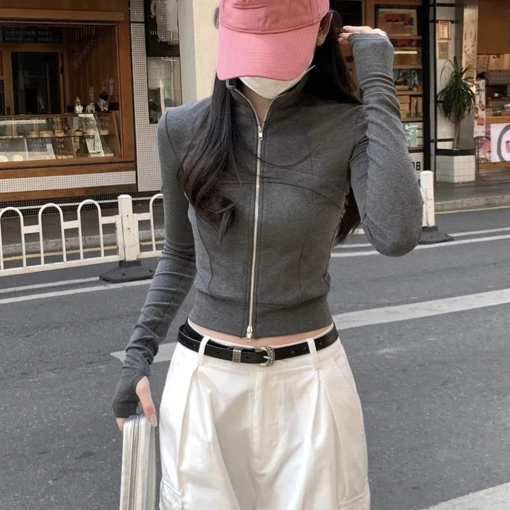 

Женский однотонный свитшот с воротником-стойкой, приталенный корейский рубашка с длинными рукавами, женская одежда, универсальные укороченные топы для женщин, путешествия