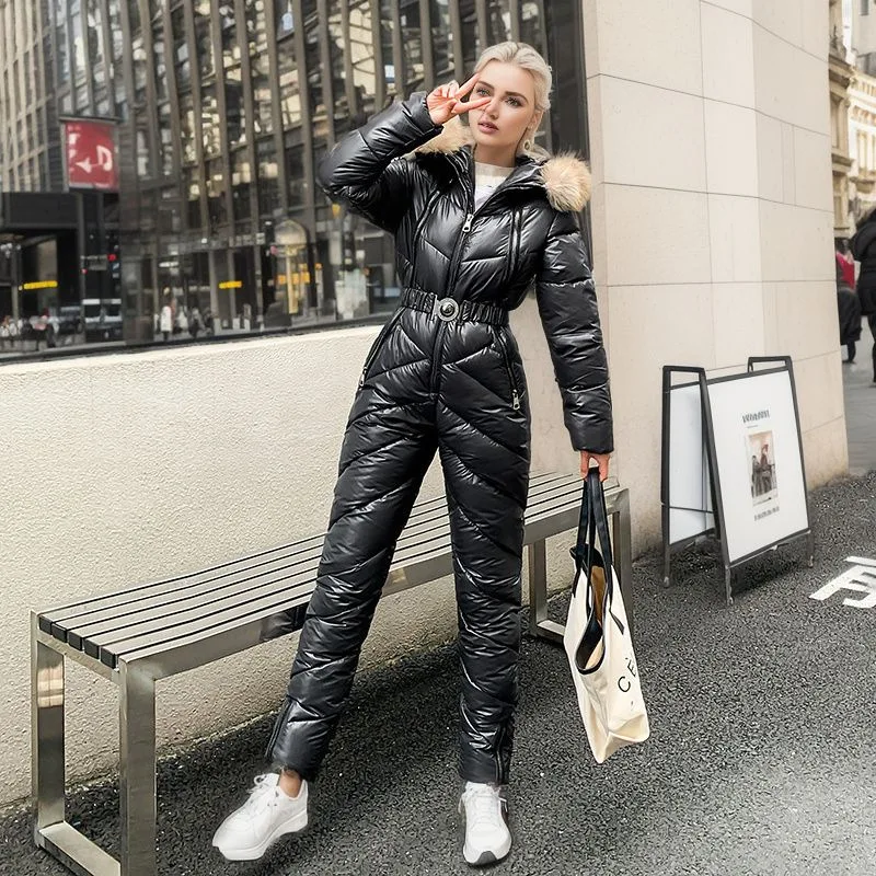 

Women's Winter One-Piece Ski Jumpsuit Hooded Straight Padded Thick Zipper Snowsuit Outdoor Sports Waterproof Jumpsuit