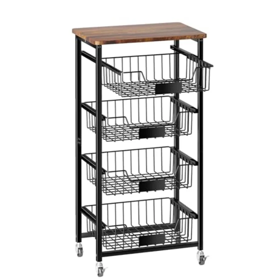 

Fruit Basket Utility Kitchen Organizer and Storage Cart with Pull-Out Baskets and Wood Top Rolling Pantry Kitchen Cart on Wheel