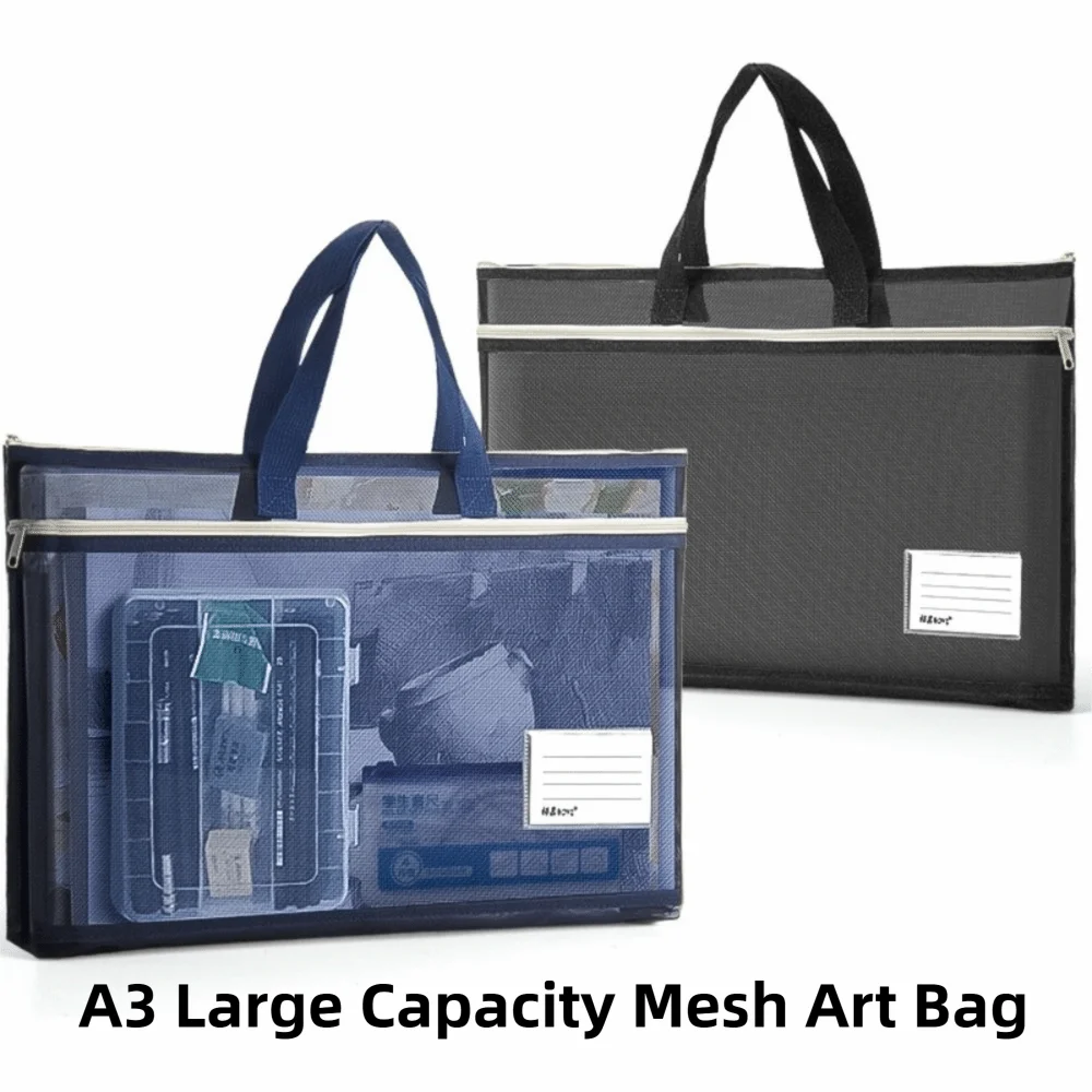 Reusable Large Capacity A3 Mesh Art Bag Zip Handbag Portable a4 Test Paper Bag Nylon Multifunctional File Storage Bag Teenager