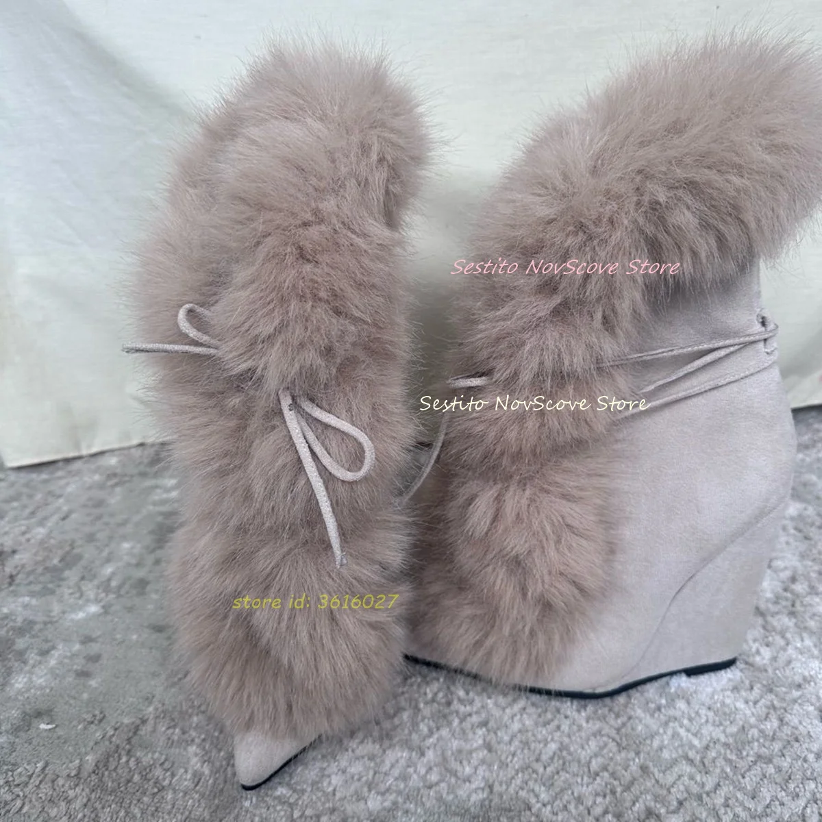 

Beige Furry Wedges Ankle Boots Pointy Toe Lace Up Suede High Heels Sexy Women Winter Fur Short Booties Party Classic Shoes
