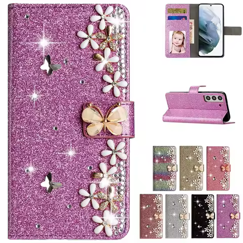 Wallet Glitter Flash Diamond Case For Samsung Galaxy S25 Ultra S24 FE S23 S22 S21 S20 Plus A14 A15 A16 A26 A54 A34 A35 A55 Flip