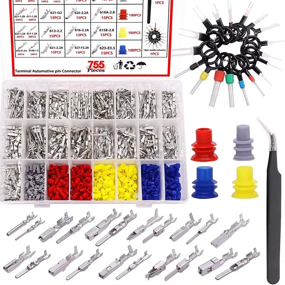 755PCS Car Electrical Wire Terminal Pins Connectors Kit 1/1.5/1.8/2.2/2.8/3.5mm Connector Pins Terminal Male Female Crimp Pins