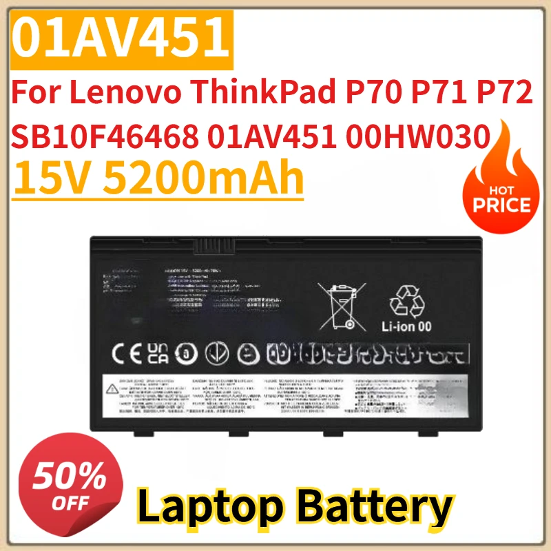 

High Quality New 01AV451 Laptop Battery 15V 5200mAh for Lenovo ThinkPad P70 P71 P72 SB10F46468 01AV451 00HW030
