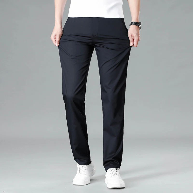 2026 Summer Brand Classic Embroidery Men's Slim Straight Light Elastic Casual Pants Business Office High Waisted Thin Trousers