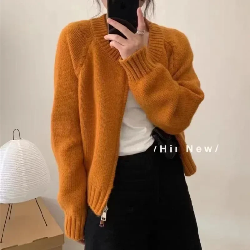 Women Korean Full Sleeve Solid Round Neck Loose Knitted Coats Zipper Regular Splice Sweaters Cardigan Autumn Winter 2023