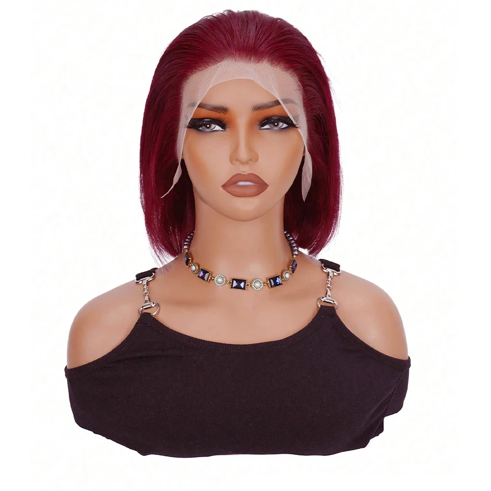 مزدوج تعادل 300% الكثافة مستقيم بوب الباروكات شعر الإنسان بورجوندي 99J الملونة 13x4 الدانتيل الباروكات الأمامية 2X6 5X5 خصلات الشعر المستعار الإنسان #2