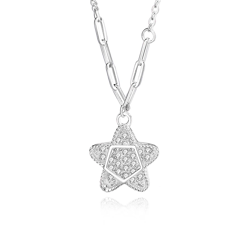 925 Silver Star Necklace Women Light Luxury Ins Style Shiny Starfish Zircons Pendant Creative Design Pentagram 45cm Choker Gift