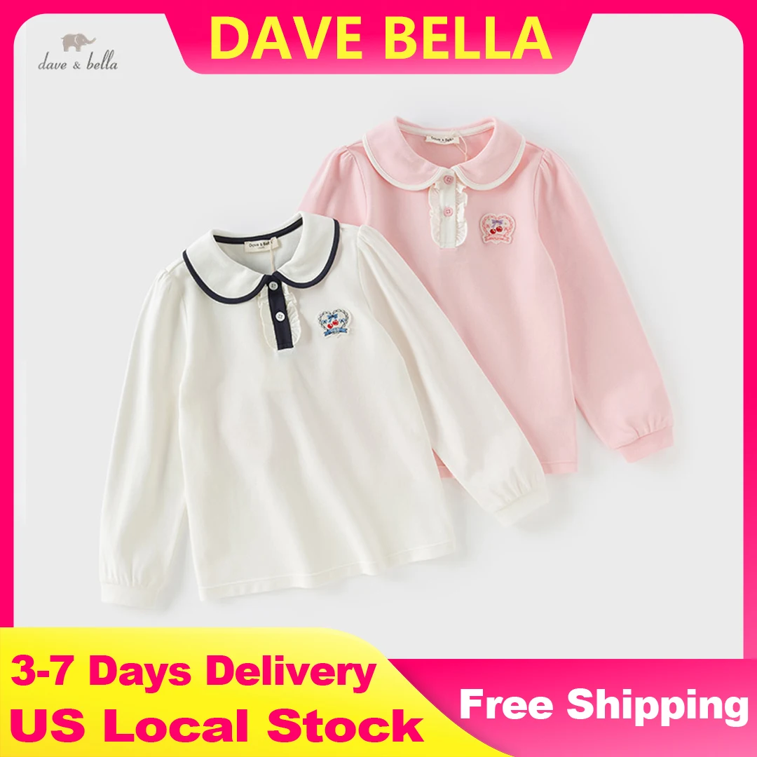 

Dave Bella Long Sleeve Polo Shirt Casual Spring Autumn Cotton T-shirt Children White Pink Solid Clothes Top DK1250370