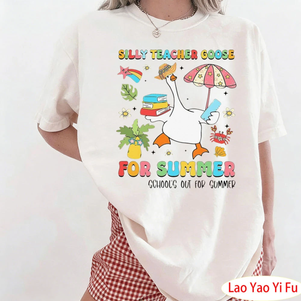Cute Cartoon Duck Printt Shirt Colorful Graphic Print Tops Silly Teacher Goose on The Loose Summer Clothes Streetwear