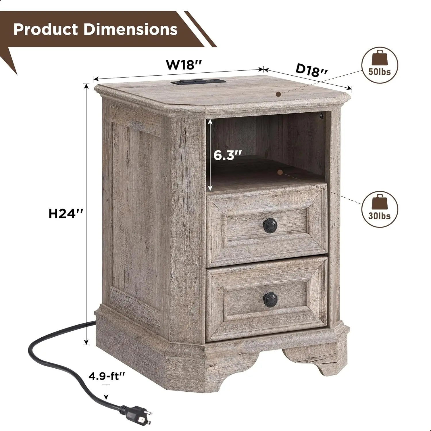 T4TREAM Farmhouse Nightstand with Charging Station, 18