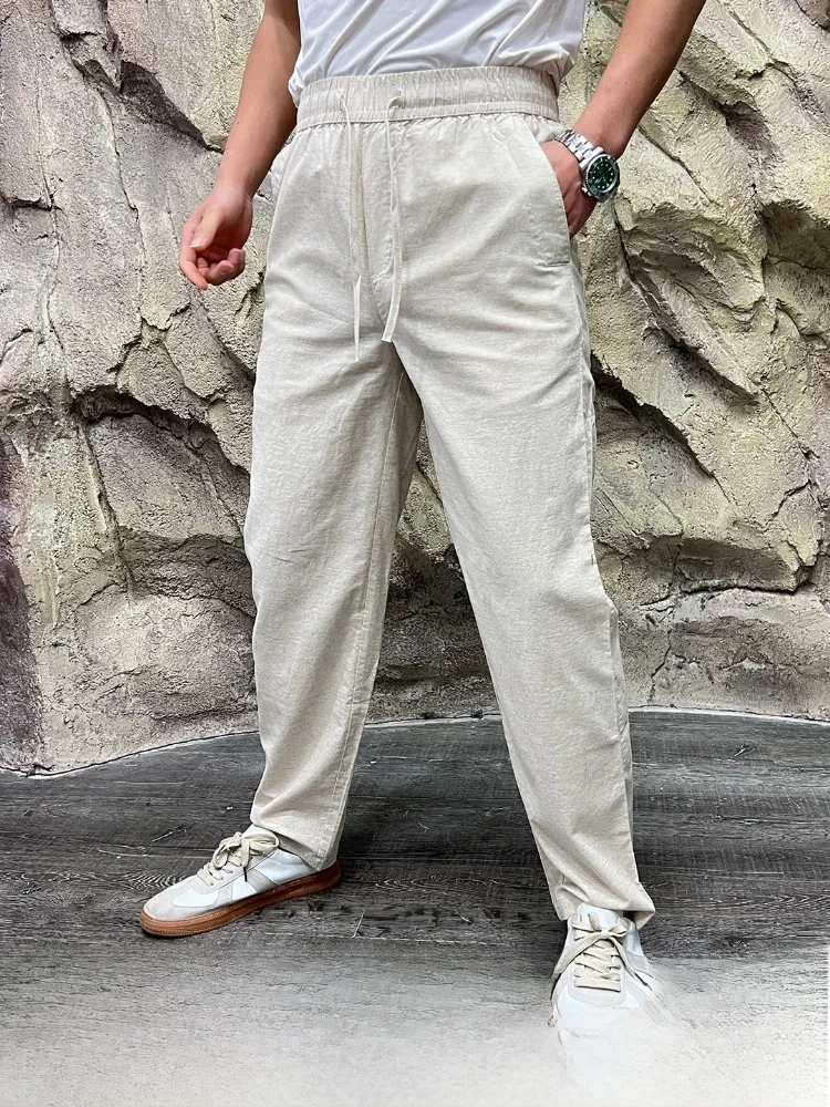 High-End Cotton Linen Blend Men's Casual Pants Elastic Waist Comfortable Breathable Fashionable Commuting Spring Summer Trousers