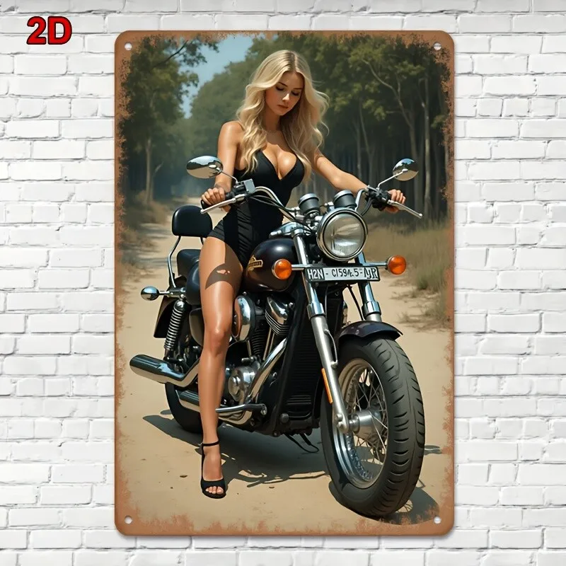 Vintage Motorcycle & Rider Metal Tin Sign Wall Art - Retro Iron Motorcycle Enthusiast Garage Decor, for Man Cave Home Decoration