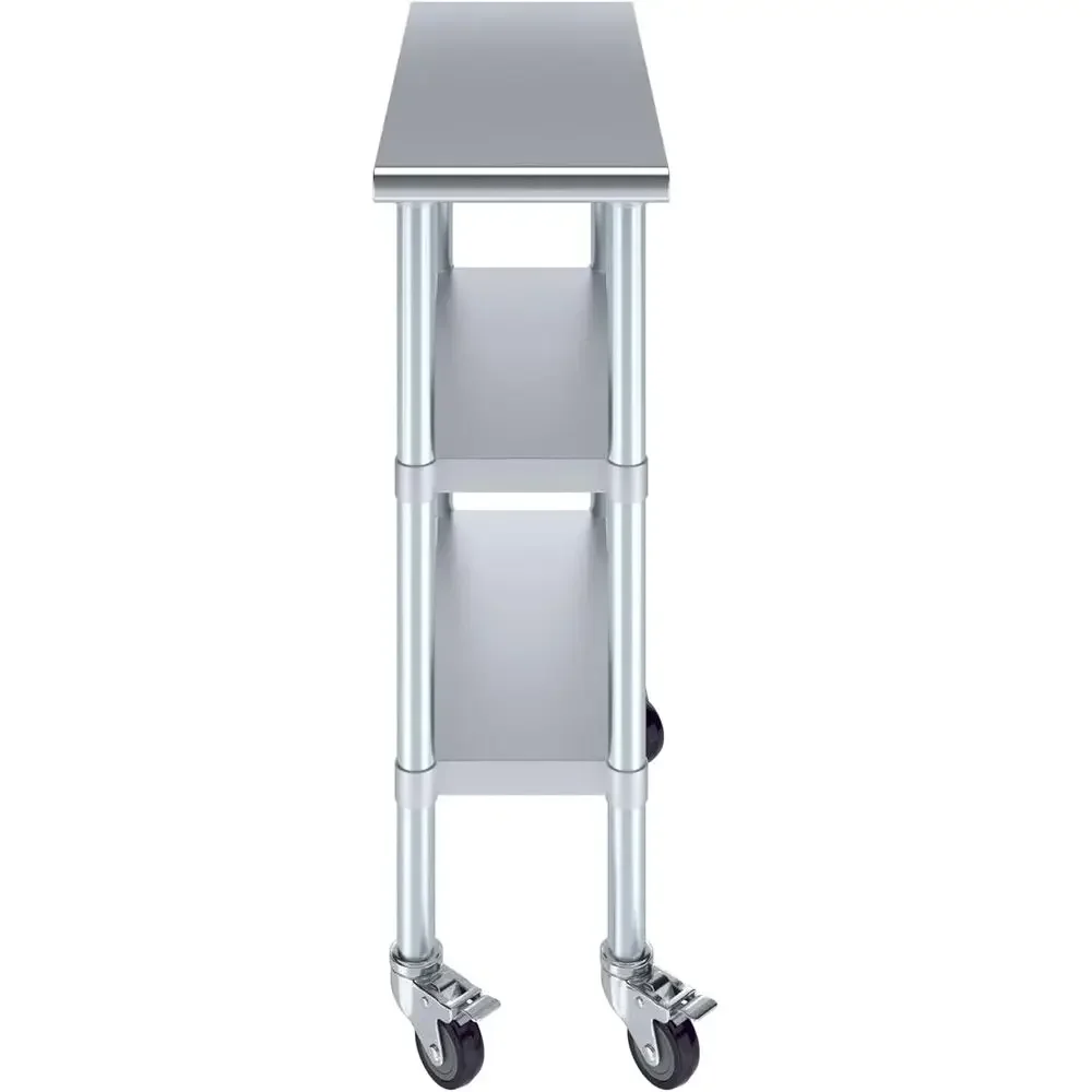 StainlSteel Work Table with 2 Shelves and Casters | Metal Utility Table On Wheels (StainlSteel Work Table with 2 Shelves + Caste