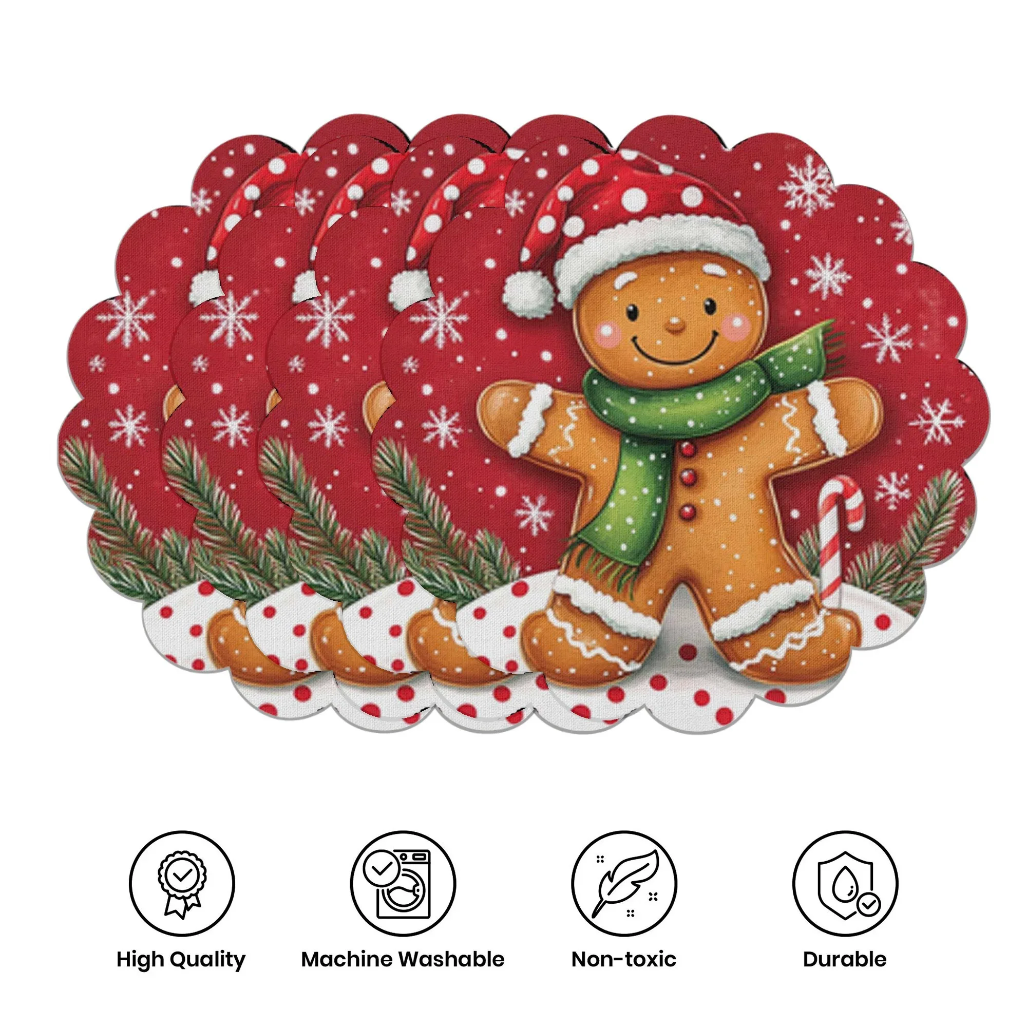 VIKAMA 4-teilige Weihnachts-Tischsets mit Lebkuchenmann und Schneeflockenmotiven, Feiertagstischdekoration und Zubehör für Esszimmer