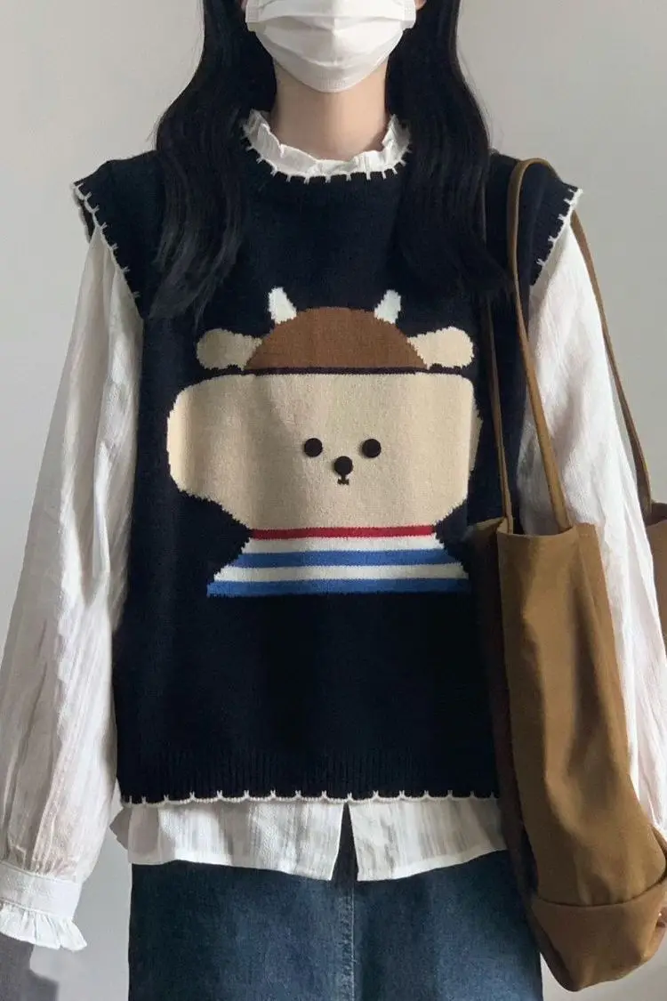 

Gagaok Sweet Cartoon Jacquard Sweater Vest 2025 Autumn New Round Neck Sleeveless Knitted Vests Femme Gentle Slim Tops Pull