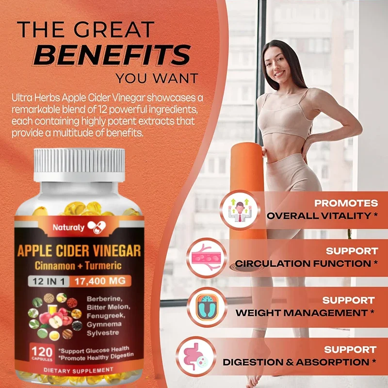 Apple Cider Vinegar Capsules 17,400mg with Cinnamon, Turmeric -Best Supplement for Digestive, Circulatory, Immunity Support