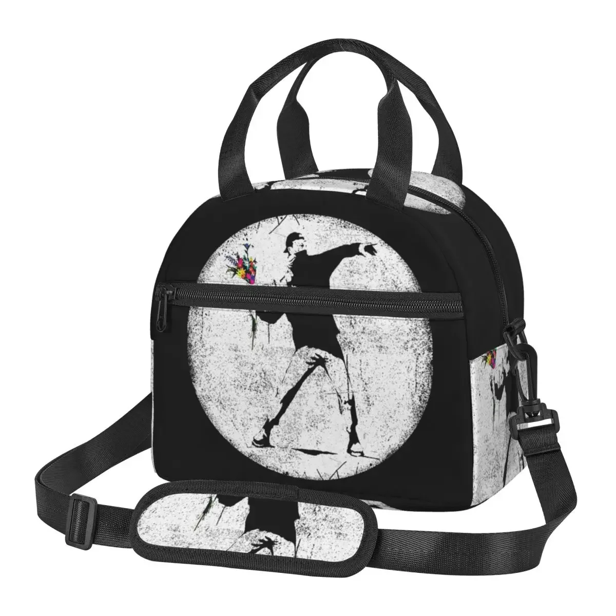 Banksy Protester Throwing Flowers Lunch Bags Insulated Bento Box Waterproof Lunch Tote Picnic Bags Thermal Bag for Woman Student