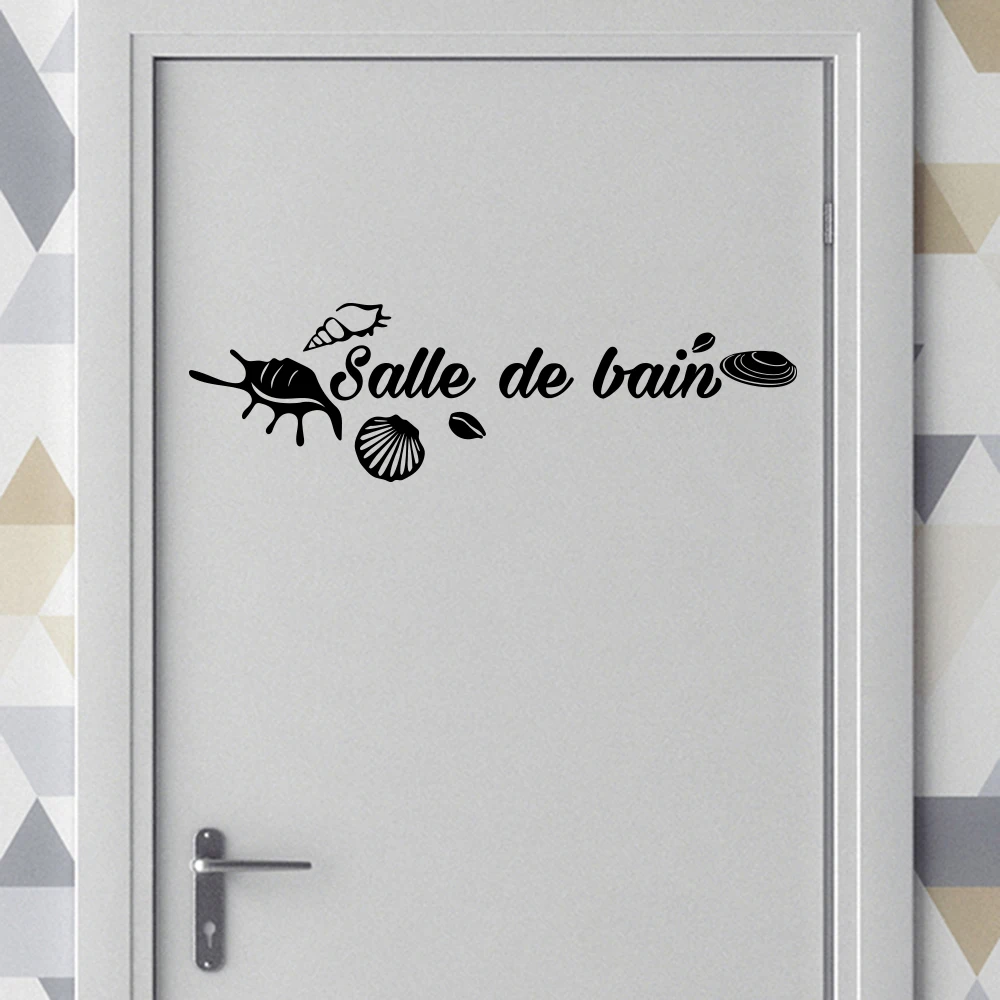 French Bathroom Sign Sea Shell Door Sticker Decal Salle De Bain Bath WC Loo Toilet Vinyl Home Decor