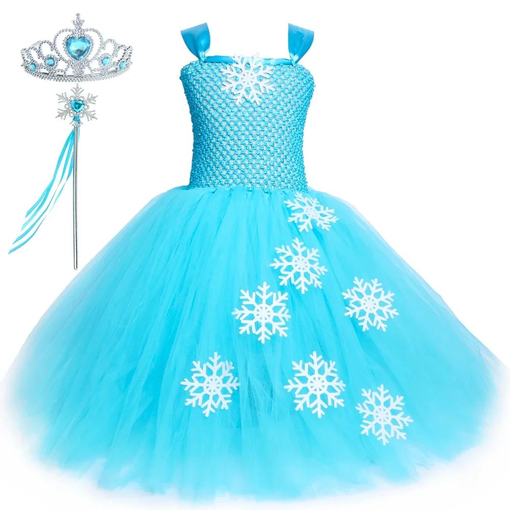 Elsa Princess Dress Costume for Girls Fancy Sky Blue Snowflake Tutu Dress Kids Christmas Halloween Birthday Party Tulle Dresses