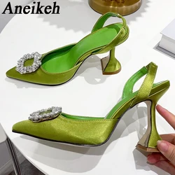 Aneikeh Brand Women Pumps Luxury Crystal Slingback High Heels Summer Bride Shoes Comfortable triangle Heeled Party Wedding Shoes