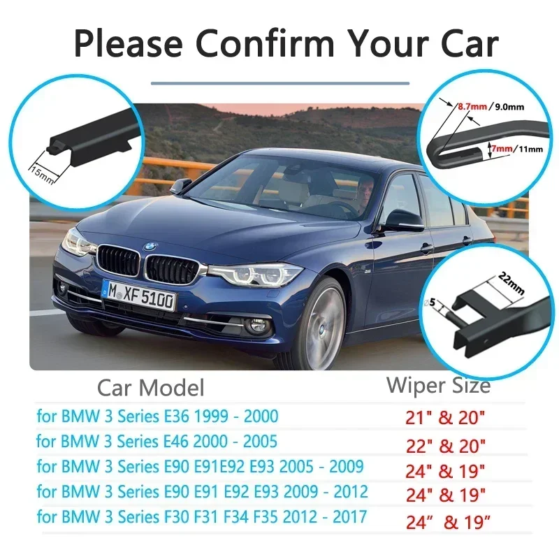 For BMW 3 Series E36 E46 E90 E91 E92 E93 F30 F31 F34 1999~2017 Front Wiper Blades Car Accessories Stickers Cleaning Windshield
