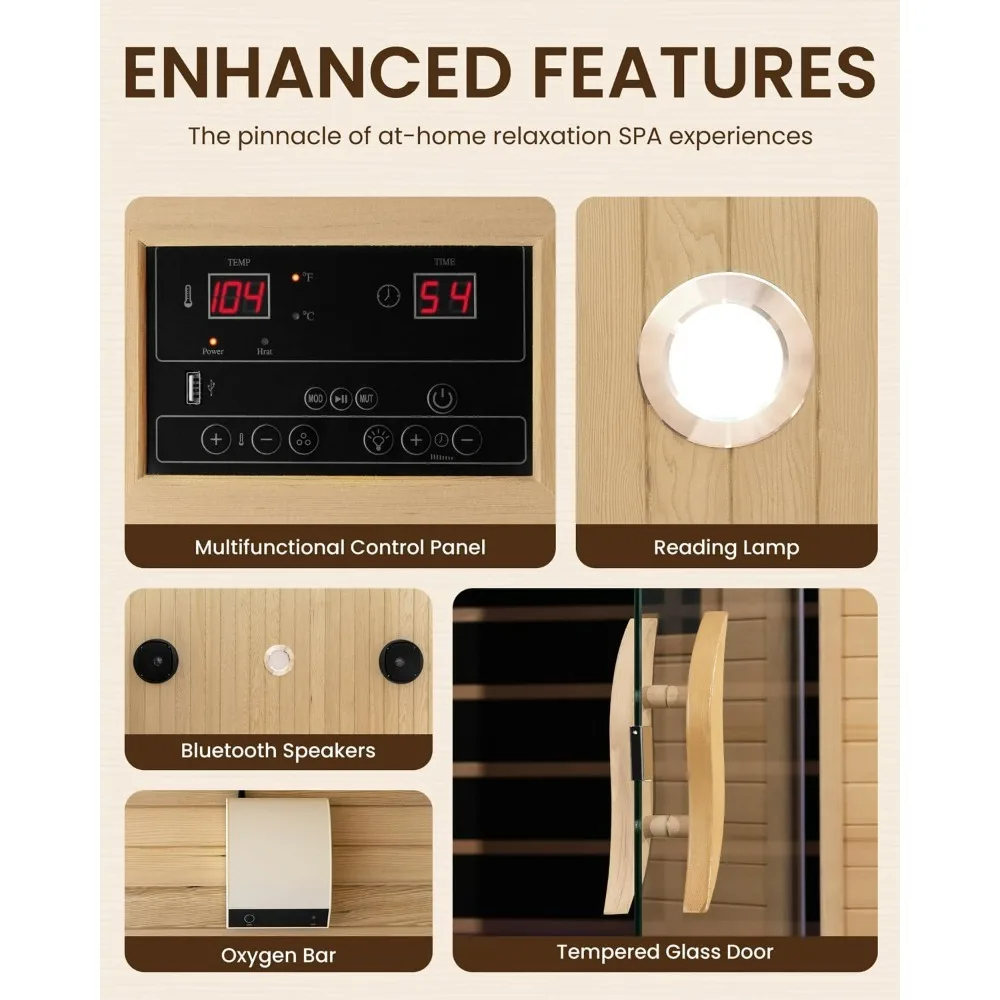 4 Person Far Infrared Sauna, Low EMF Wooden Dry Sauna Room with Bluetooth Speakers, LCD Control Panel, Tempered Glass Door