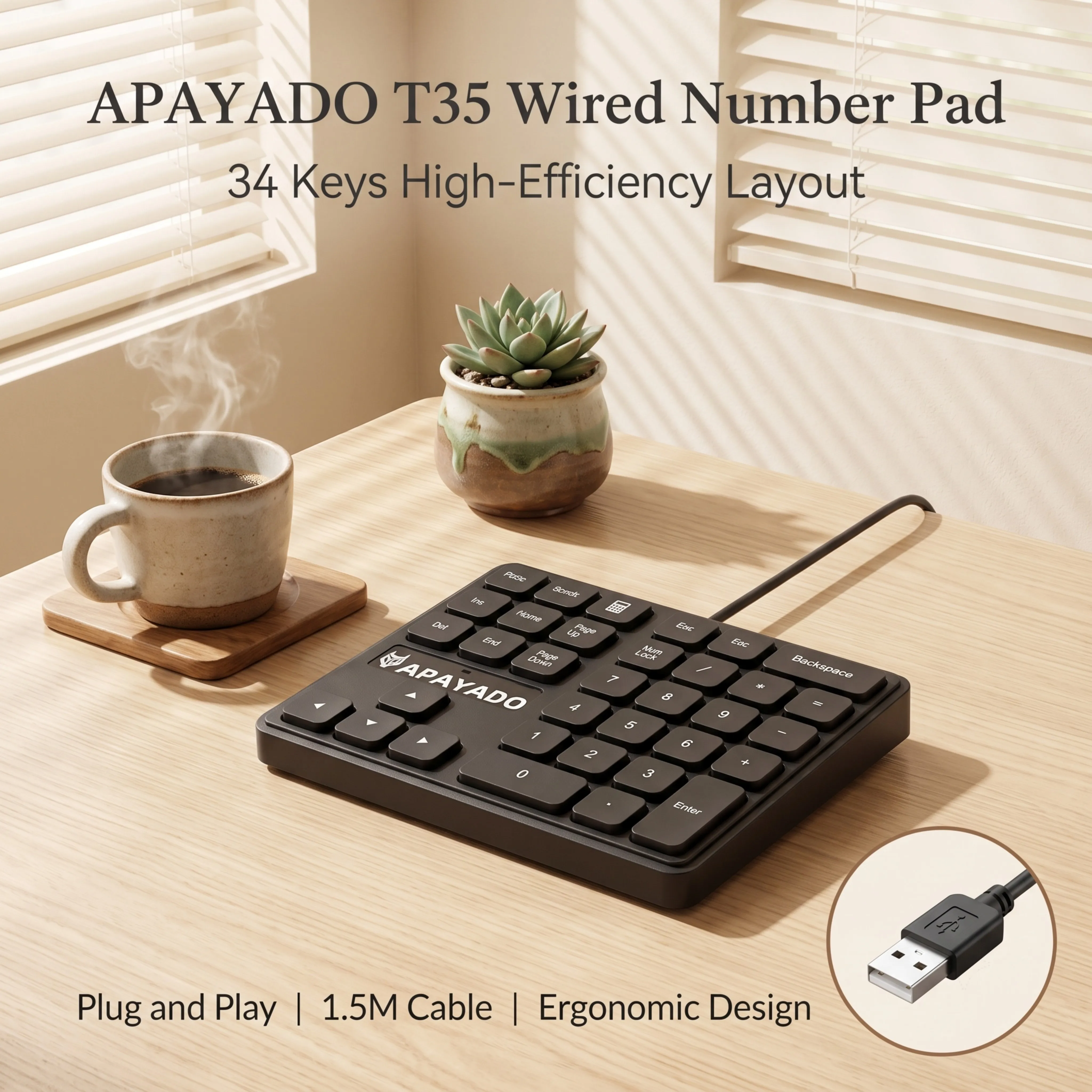 APAYADO T35 Wired Number Pad 34 Keys USB Connection 1.5M Detachable Cable For Office Accounting 14912221MM Mini Size