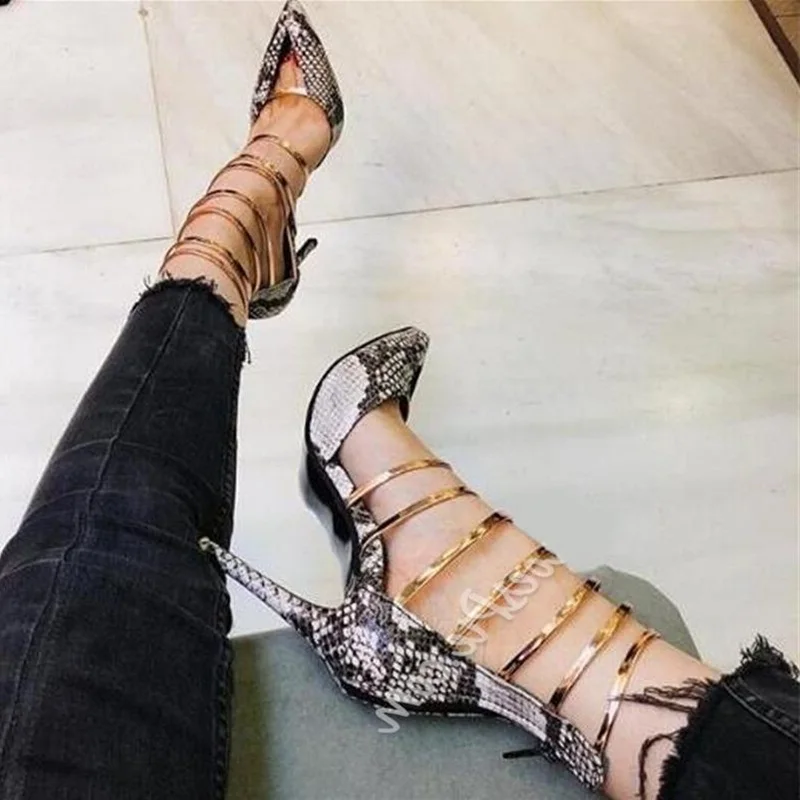 

Sexy Black White Snakeskin Gold Strap Women Shoes Patchwork Pointed Toe Hollow Cage Shoes Thin Heels Python Pattern Pumps