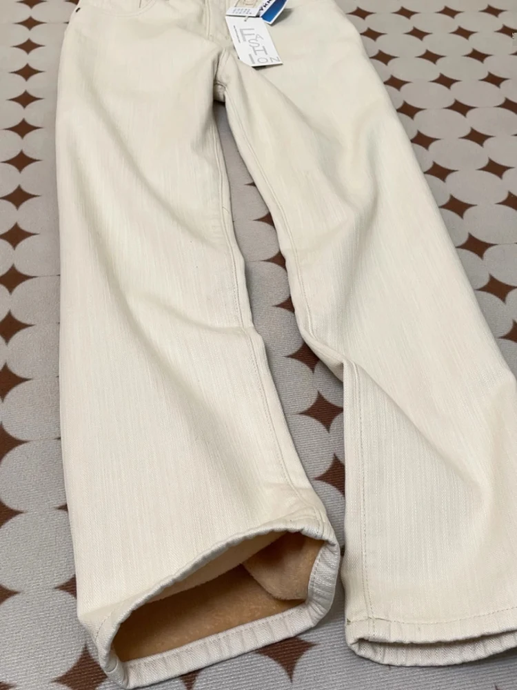 กางเกงยีนส์เอวสูงทรงตรง ผ้าเดนิมเนื้อเทียน  สำหรับผู้หญิง  คอลเลคชั่นฤดูใบไม้ร่วง-ฤดูหนาว  ทรงขากว้าง  รุ่นใหม่