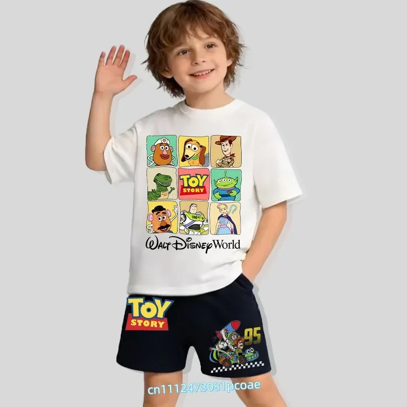 Toy Story cartoon print children's pure cotton short-sleeved short pants set for boys, sports shirt, casual top, summer T-shirt