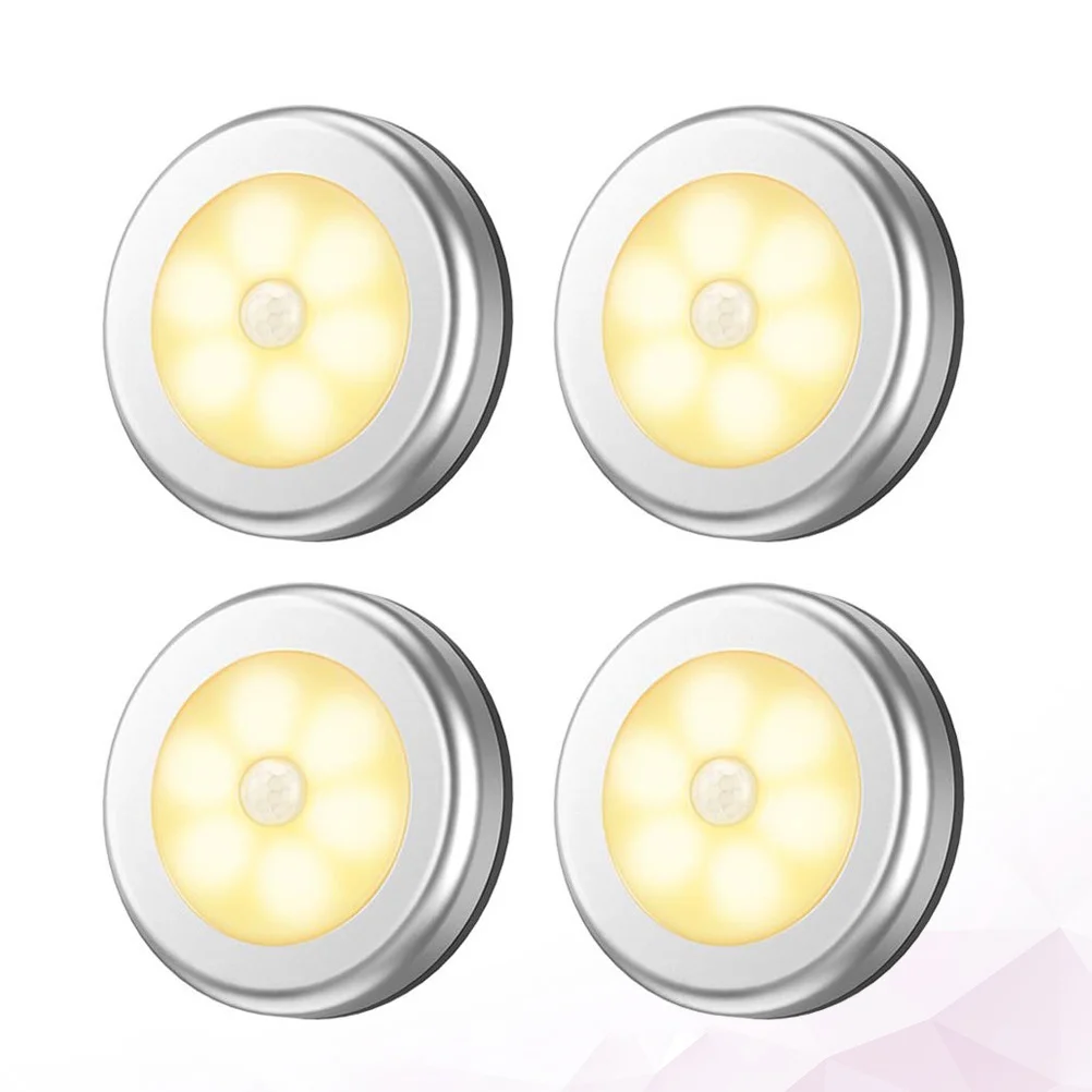 

4Pcs Human Body Sensor Night Light Round Shape Durable Infrared Induction Bright Cabinet Wardrobe Corridor Kitchen Balcony