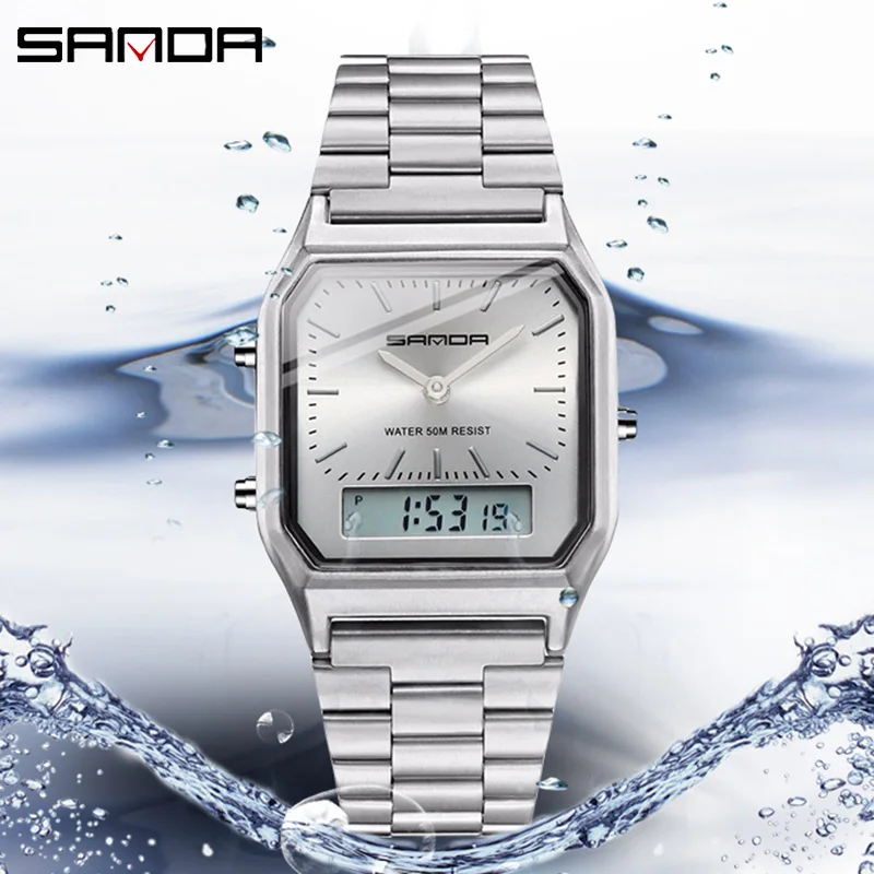 SANDA New Luxury G Style Mens Watches Stainless Steel LED Digital Dual Display Women Clock Unisex Waterproof Sports Quartz Watch