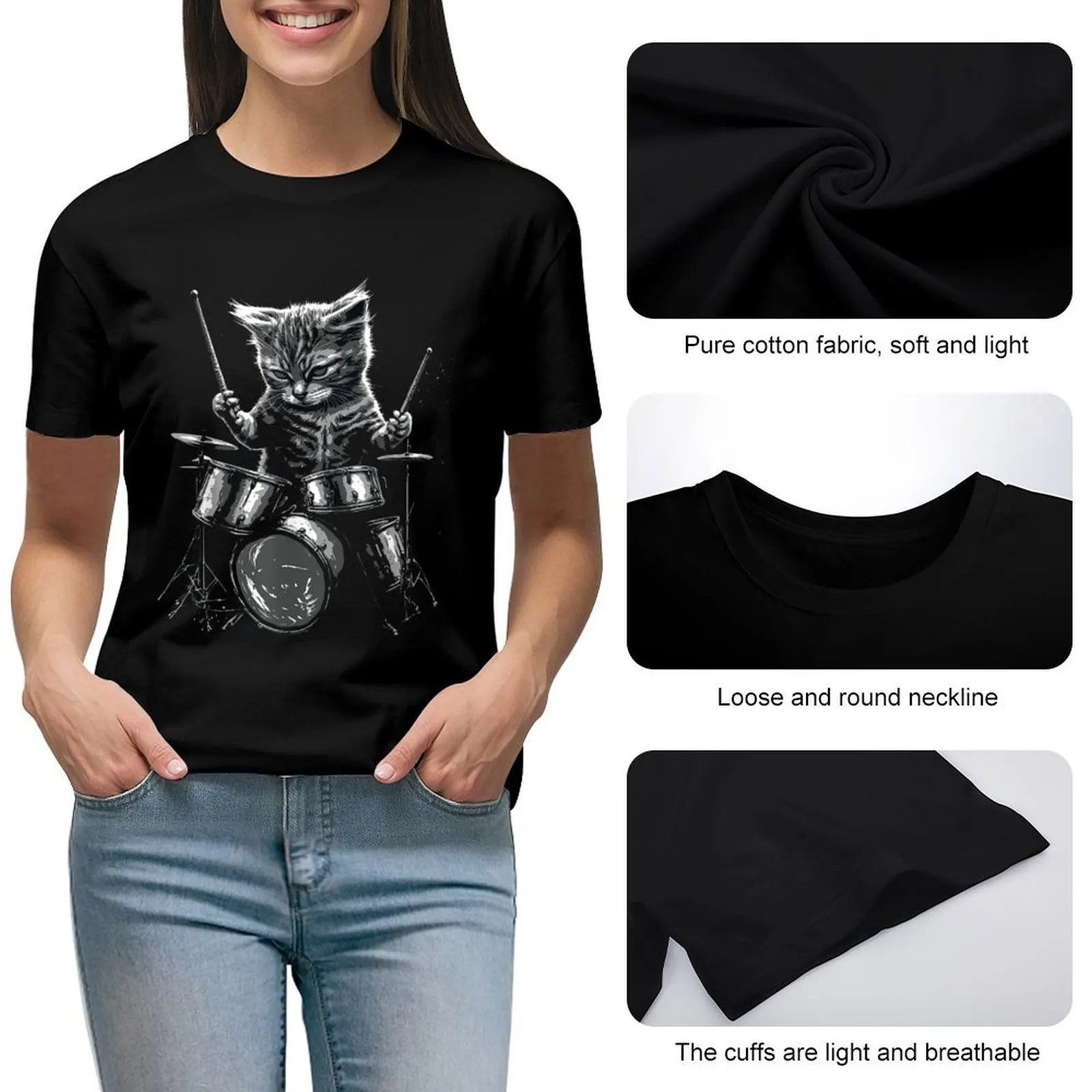 Punk Rockstar Kitten Kitty Cat Drummer Playing Drums T Shirt Graphic Shirt Casual Shorts Sleeved Female Tee T-Shirt Size S-4XL