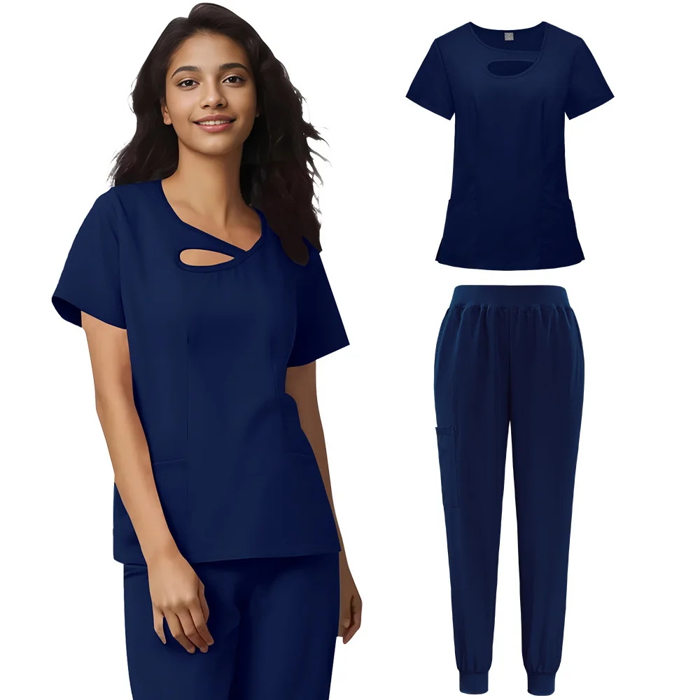 プラスサイズセクシーな透かし彫り医療用女性用無地新色ナースユニフォームスクラブセット速乾性