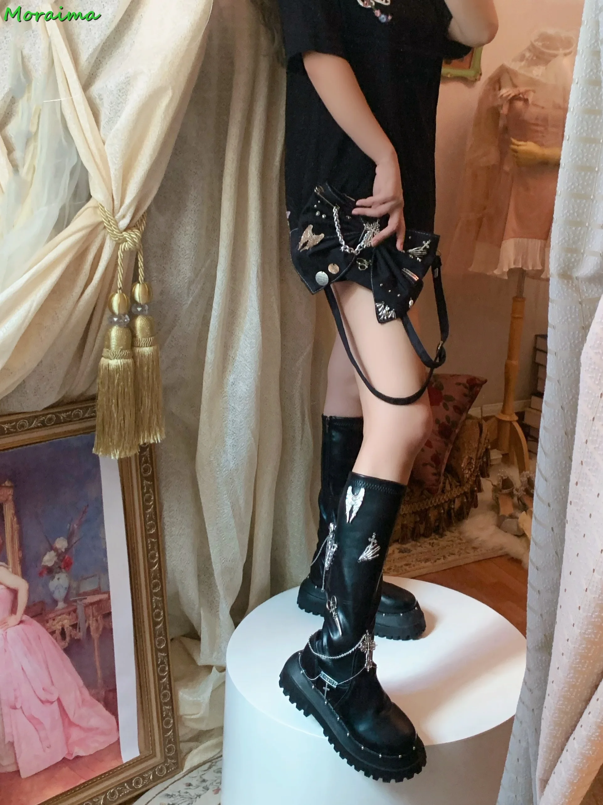 Chain Metal Decor Knee High Boots Round Toe Thick Bottom Side Zipper Leather Black Solid WInter Cool Women Shoes Fashion 2023